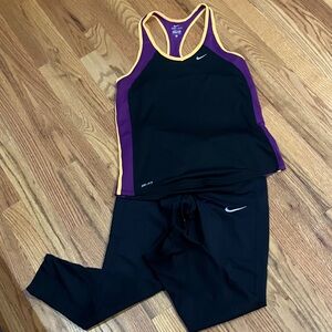Nike Yoga/Running Bundle Black Tank with Purple & Yellow Trim Sz S Capri XS EUC